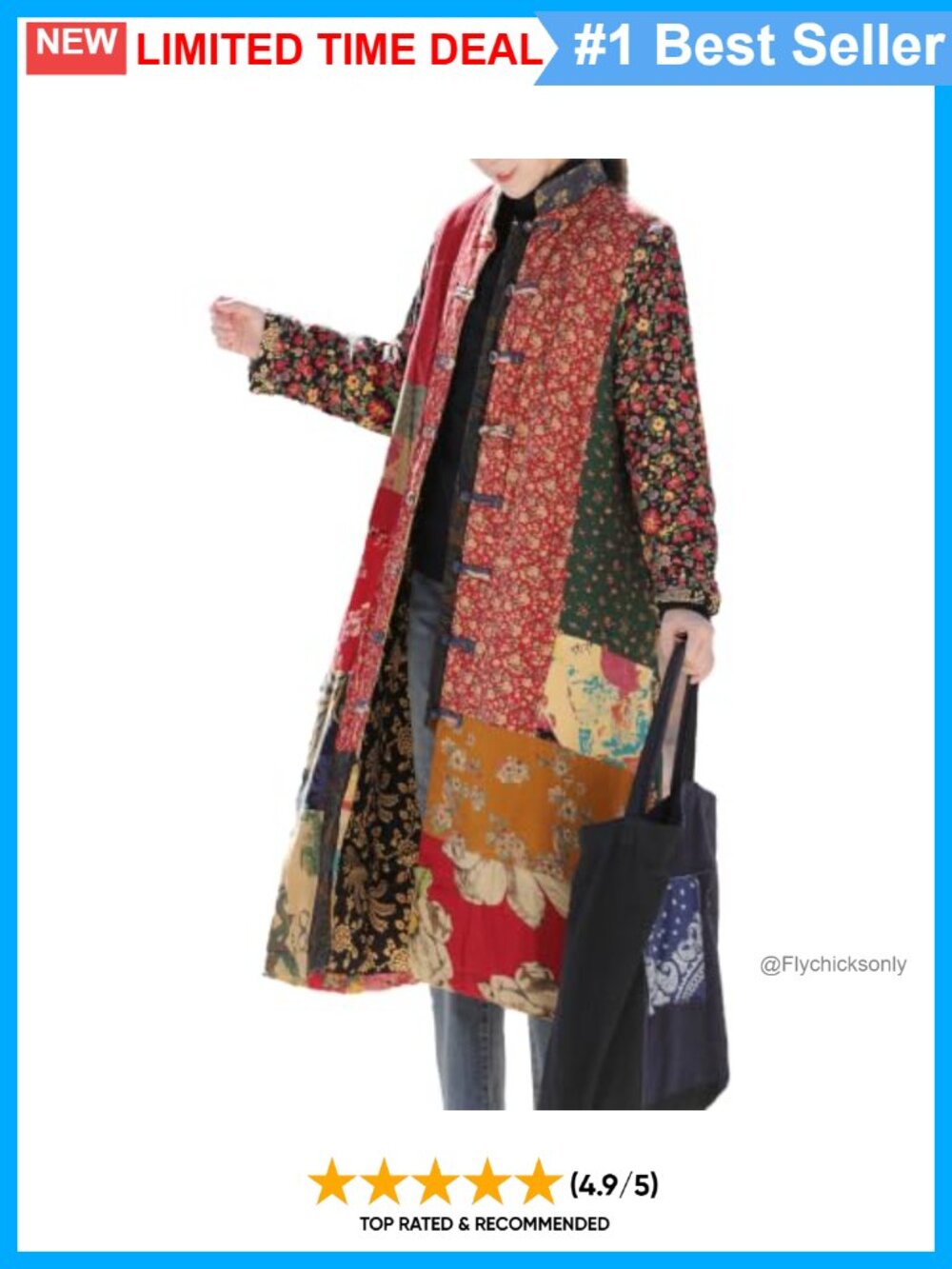 Vintage Patchwork Padded Long Coat Frog Buttons Mandarin Collar Bohemian